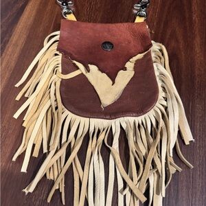 Fringe Leather Crossbody Bag - Brown and Tan